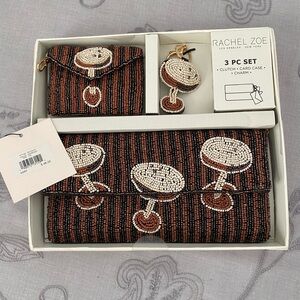 🎁NWT 🍸Rachel Zoe Espresso Martini Beaded Clutch Card Case Bag Charm Set